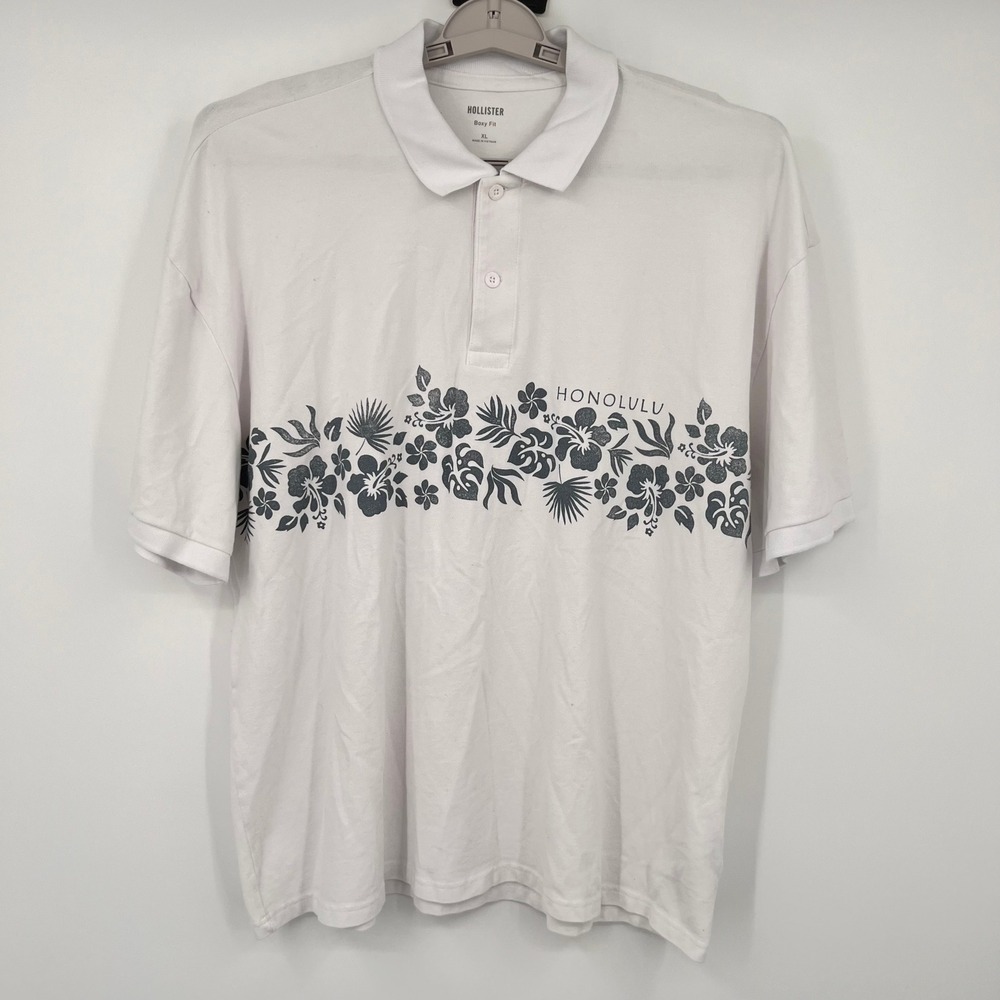 Hollister Mens Boxy Fit Honolulu Floral Graphic Polo Shirt White XL Short Sleeve